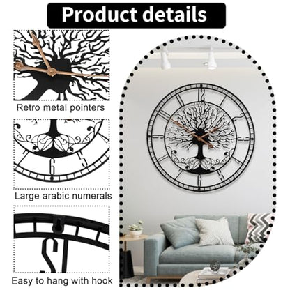 Dankeit Tree of Life Wall Clock, 24inch Black Metal Wall Clock, Silent Quartz Movement, Modern Home Decor - color: D