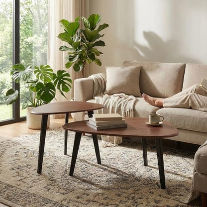 Nesting Coffee Table Set of 2-Mid Century Modern Coffee Table | Guitar Pick Stacking Tables with Solid Wood Legs,Small Coffee Tables for Small spaces,Living Room,Balcony - color: Walnut