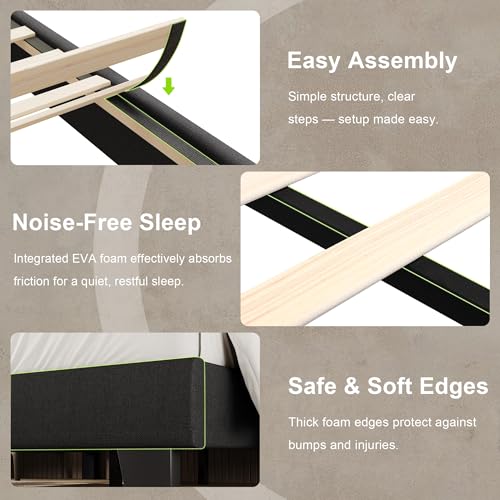 Einhomn Queen Size Bed Frame with Headboard, Upholstered Linen Platform Bedframe with Solid Wooden Slats, Noise-Free, No Box Spring Needed, Easy Assembly, Black - color: Black, size: Queen