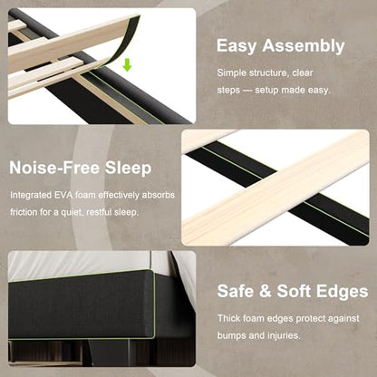 Einhomn Queen Size Bed Frame with Headboard, Upholstered Linen Platform Bedframe with Solid Wooden Slats, Noise-Free, No Box Spring Needed, Easy Assembly, Black - color: Black, size: Queen
