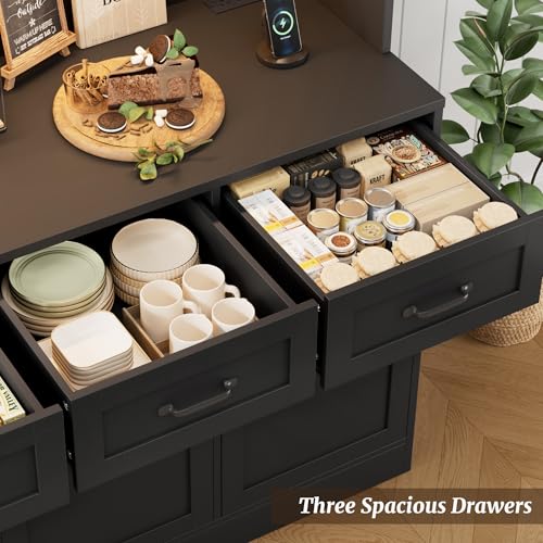 HOSTACK Kitchen Pantry Storage Cabinet, Tall Kitchen Hutch Cabinet, Black | 47"W Food Pantry Cabinet with Smart LED / Charging Station / Countertop / 3 Large Drawers, 72"H Storage Hutch, Dining Room - color: Black