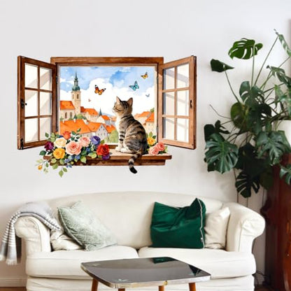 3D Window with a Cat and Flowers Wall Decals, Wall Stickers Decor | 2 Sheets 11.8"x37.8" Vinyl Removable Peel and Stick Murals, Plant Decor for Bedroom, Bathroom, Office, Classroom & Home - style: 3D Fake Window