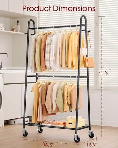 Sakugi Clothes Rack 36.5" x16.9" x72.8" Black Double Rod Mesh Shelf | Heavy Duty,Bedroom, Closet, Triangular Design, Freestanding, Metal Construction - color: Black