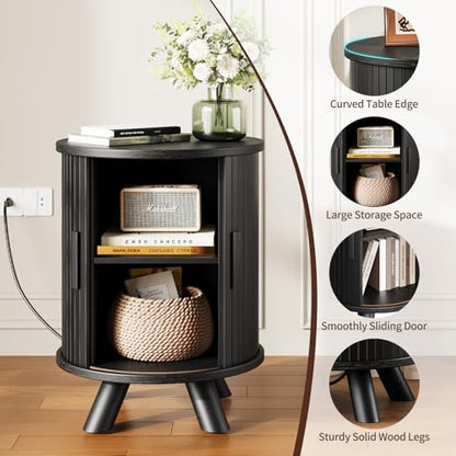 Round End Table with Storage - Fluted Side Table with Charging Station, Wood Nightstand with Sliding Tambour Door for Bedroom, Accent End Tables Living Room, Modern Bedside Table, Black