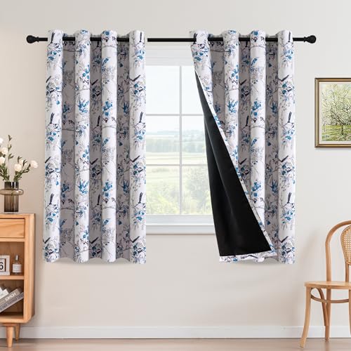 H.VERSAILTEX 꽃무늬 100% 암막 빈티지 커튼 160cm(63인치) 길이 2패널 블루 및 블랙 암막 단열 커튼 침실 거실 그로밋 조명 차단 창문 커튼 드레이프 - color: 블루/블랙., size: 52"W x 63"L (Pack of 2)