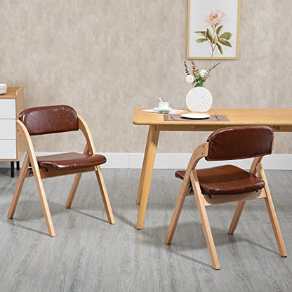 PU Folding Chairs with Padded Seats | Wooden Stackable Foldable Dining Chair Set of 2 Easy to Assemble Extra for Guests Kitchen Office Wedding - color: Wood With Pu, size: 2PCS