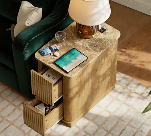 win2win Narrow End Table with Charging Station, Fluted Drawers, Oak | Tall Small Side Table with Storage , Boho Nightstand with Faux Marble Top , Wood Beside Table for Living Room , Bedroom - color: Oak