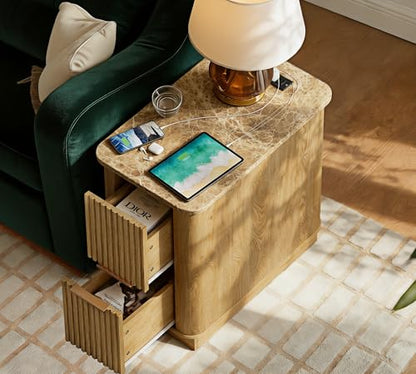 win2win Narrow End Table with Charging Station, Fluted Drawers, Oak | Tall Small Side Table with Storage , Boho Nightstand with Faux Marble Top , Wood Beside Table for Living Room , Bedroom - color: Oak