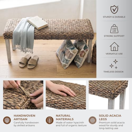 Solid Acacia Wood Bench with Natural Woven Water Hyacinth Seat, Grey Leg | Plait Style, Farmhouse, Rustic, Boho, Coastal for Living Room or Entryway - color: Plait - Grey Leg & Water Hyacinth