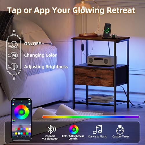 Somdot Nightstand with Charging Station & LED Light, Bedroom Bedside Table | Dorm, Guest Room, Kids Room, Laundry, Closet, Entryway and Hallway, Brown - color: Brown, size: 11.8"D x 15.7"W x 23.4"H (1 Drawers)