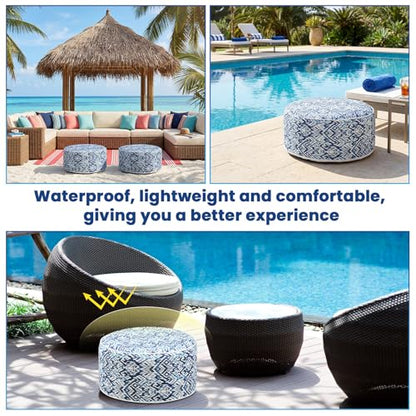 Cinnvoice 2 Pcs Inflatable Outdoor Ottoman Pouf Waterproof Round Footrest with Handle D21 x H9 Inch Indoor Outdoor Portable Footstool for Patio Garden Camping or Home Pool(Diamond Stripes) - style: Diamond Stripes