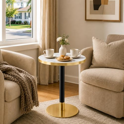 TesNus 23.6" Small Round Dining Table for 2, Circle Tulip Table, Faux Marble Top with Gold Metal Pedestal Base, Modern Leisure Coffee Table for Small Spaces, Cafe, Office, White&Gold - color: White Top&black Leg&gold Base
