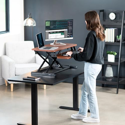 VIVO 32 inch Desk Converter, K Series, Height Adjustable Sit to Stand Riser, Dual Monitor and Laptop Workstation with Wide Keyboard Tray, Dark Walnut Top, Black Frame, DESK-V000KA | Height Adjustable, Stand Up Desk Riser, Wide Keyboard Tray, Dual Monitor