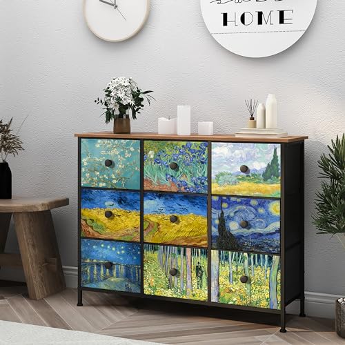 EXOTICA Van Gogh 9 Drawers Dresser Wide TV Stand Colorful Dressers & Chest of Drawers Enterway Furniture for Bedroom Living Room Hallway Closets Steel Frame Wood Top - size: 39.1"D x 11.8"W x 30.5"H (9 Drawers)
