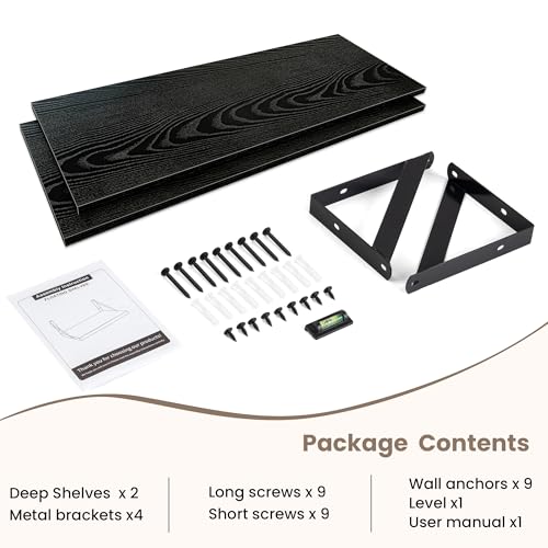 Dreamland Wall Mounted Floating Shelves Set of 2, 30x8, Black | Engineered Wood, Visible Bracket, Large Storage, Hold Up to 50lbs, Living Room, Bathroom, Bedroom, Kitchen - color: Black, size: 30"W x 8"D
