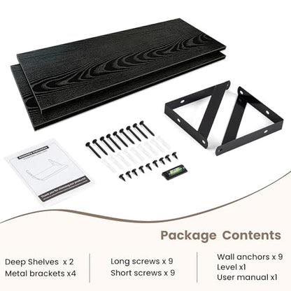 Dreamland Wall Mounted Floating Shelves Set of 2, 30x8, Black | Engineered Wood, Visible Bracket, Large Storage, Hold Up to 50lbs, Living Room, Bathroom, Bedroom, Kitchen - color: Black, size: 30"W x 8"D