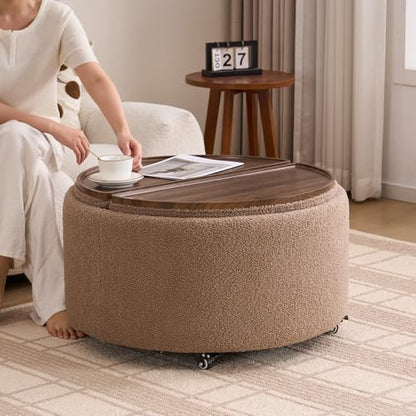 29.5" Round Storage Ottoman Coffee Table, Dual Reversible Lids, Brown | Round Ottoman Coffee Table, Swivel Casters, Hidden Storage, Dual Lift-Off Lids, Teddy Fabric, Living Room, Bedroom - color: Brown
