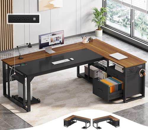 71" L Shaped Executive Desk, Office Desk with Storage Drawers | Reversible Modern Computer Desk with File Cabinet & Shelves, Large Corner Desk with Pegboard, Mobile CPU Stand, Walnut - color: Walnut, size: 2 Drawers
