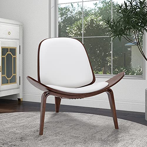 Belleze Mid-Century Modern Shell Side Accent Tripod Plywood Lounge Chair Walnut Upholstered Faux Leather, White - color: White, size: 1 Chair