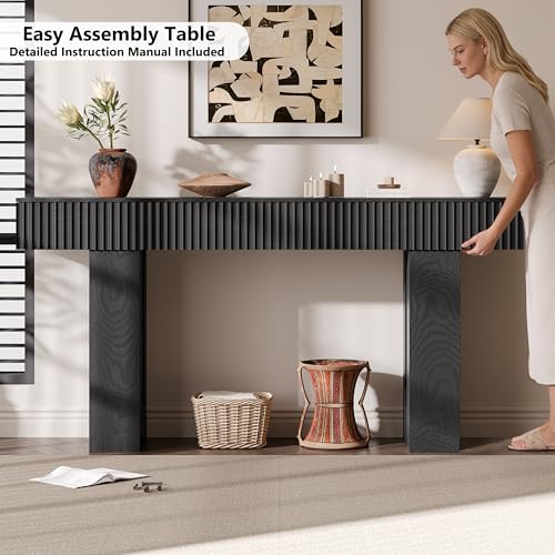 63-Inch Long Entryway Console Table with a Fluted Design, Thick Wood Farmhouse Sofa Table Behind Couch, Narrow Hallway Accent Table for Living Room, Foyer, Entrance, Modern Black - color: Black, size: 63 Inch