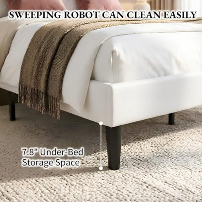 VECELO Queen Size Bed Frame, Adjustable Upholstered Button Tufted Headboard, Heavy-Duty Bedframe with Wood Slats Support, No Box Spring Needed, Linen & White - color: Linen & White, size: Queen, style: Bed Frame