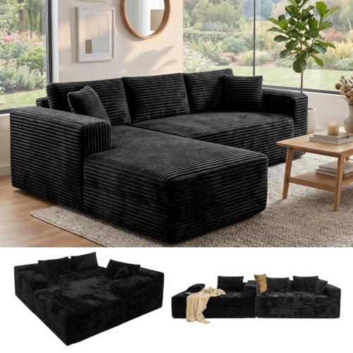 Boneless Couch Modular Sectional Sofa Cloud Couch | Oversized Deep-Seat Wide-Wale Corduroy L-Shaped Sectional Couch for Living Room, Apartment and Family Room - color: Black 96'' Left Facing Chaise