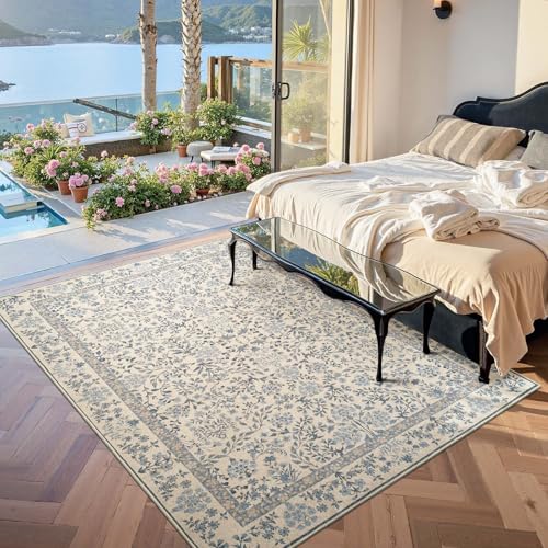 jinchan 5x7 Washable Living Room Area Rug, Vintage Floral, Blue/Cream | Soft Non-Slip Low-Pile, Botanical Aesthetic Throw Carpet for Bedroom Dining Room Nursery - color: Blue/Cream, size: 5' x 7' (Rectangular)