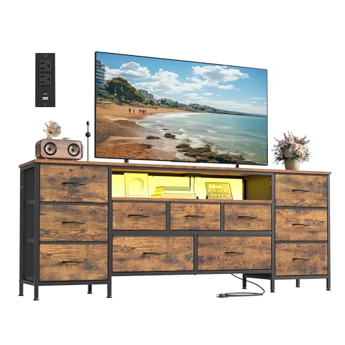 SONGMICS BELLAH Collection - TV Stand for TVs Up to 70 Inches, Dresser for Bedroom, Living Room, Chest of Drawers, Steel, 11 Drawers and Shelf, Industrial, Rustic Brown ULGS043K101S - color: Rustic Brown, size: 13.8"D x 68.4"W x 26.8"H (11 Drawers)
