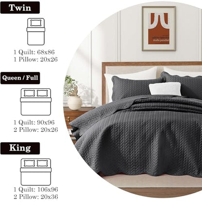 MOONLIGHT20015 Quilt Queen Size (90" x 96") with 2 Pillow Shams (20" x 26"+2") for All Season - 3 Pcs Lightweight Bedding Set Reversible Coverlet Embossed Quilted Bedspread (Charcoal/Dark Grey) - color: Charcoal/Dark Grey, size: Full/Queen