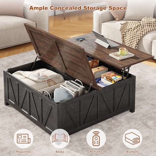 chartustriable 43.3“ Lift Top Coffee Table with Storage, Farmhouse Coffee Table with Large Hidden Storage Compartment and Shelves，Square Center Tables for Living Room, Tea Table Black - color: Black
