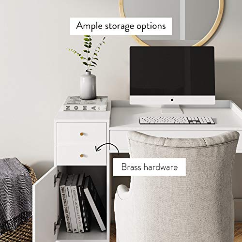 Nathan James Daisy Vanity Dressing Table or Makeup Desk with 4-Drawers and Brass Accent Knobs, White Wood - color: White