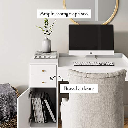 Nathan James Daisy Vanity Dressing Table or Makeup Desk with 4-Drawers and Brass Accent Knobs, White Wood - color: White