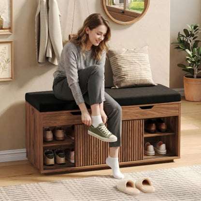 Maupvit 39.4" Fluted Shoe Storage Bench with Lift Top Storage, Entryway Bench with Cushioned Seat, 2-Tier Shoe Cabinet with Sliding Door and Adjustable Shelf for Bedroom, Living Room, Walnut