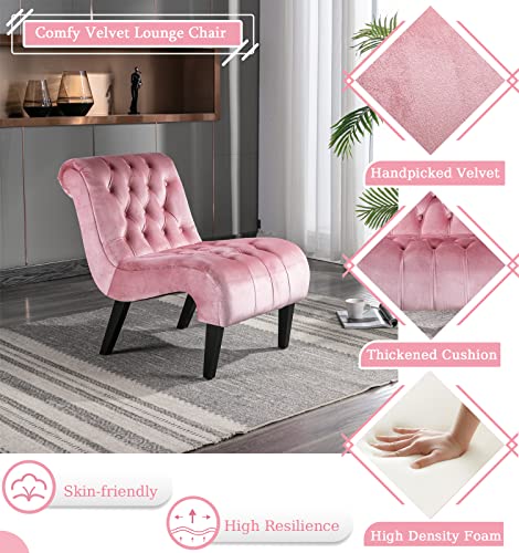 Comfy Velvet Accent Chair, Tufted Armless Side Chair with Rolled Edge | Modern Small Lounger for Living Room, Upholstered Reading Chaise Lounge with Solid Rubber Wood Legs, Pink - color: Pink, size: Set of 1