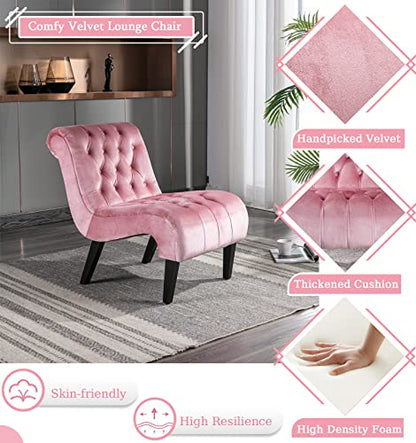 Comfy Velvet Accent Chair, Tufted Armless Side Chair with Rolled Edge | Modern Small Lounger for Living Room, Upholstered Reading Chaise Lounge with Solid Rubber Wood Legs, Pink - color: Pink, size: Set of 1