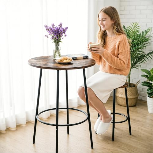 SUPER DEAL Round Pub Dining Set, 3 Piece Small Kitchen Table Set with 2 Counter Height Wood Bar Stools for Kitchen Breakfast, Living Room, Small Space, Rustic Brown