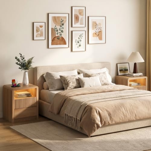 LYNSOM Fluted LED Nightstand Set of 2, Charging Station & 2 Drawers, Oak | Mid Century Modern Night Stand with Stoarge, Wood Bedside End Table with Curved Edge for Bedroom, Living Room, Office, 20" W - color: Oak, size: 2 Drawers