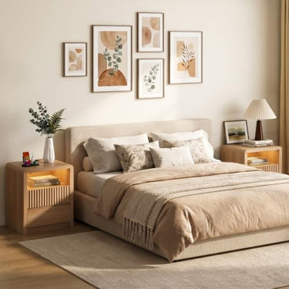LYNSOM Fluted LED Nightstand Set of 2, Charging Station & 2 Drawers, Oak | Mid Century Modern Night Stand with Stoarge, Wood Bedside End Table with Curved Edge for Bedroom, Living Room, Office, 20" W - color: Oak, size: 2 Drawers