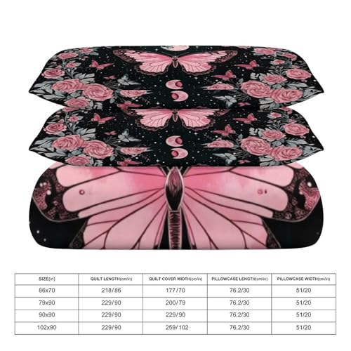 Boho Pink Butterfly Moon & Roses 3 Piece Reversible Bedding Set 102"x90",Double Sided Brushed Microfiber Duvet Cover Set with 2 Pillowcases Soft Breathable Comforter Cover for Home - color: Boho Pink Butterfly Moon & Roses, size: 102"x90"