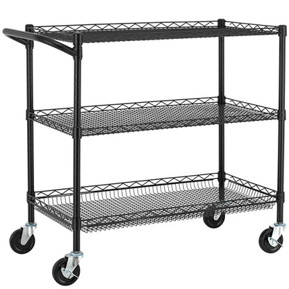 Finnhomy 3 Tier Heavy Duty Commercial Grade Utility Cart, Wire Rolling Cart with Handle Bar, Steel Service Cart with Wheels, Kitchen Carts on Wheels, Metal Cart Shelf Size 18" D x 36" W, NSF, Black - size: 36"L x 18"W x 35.4"H-3 Tier, style: Black Cart