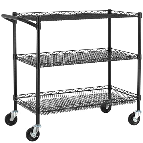 Finnhomy 3 Tier Heavy Duty Commercial Grade Utility Cart, Wire Rolling Cart with Handle Bar, Steel Service Cart with Wheels, Kitchen Carts on Wheels, Metal Cart Shelf Size 18" D x 36" W, NSF, Black - size: 36"L x 18"W x 35.4"H-3 Tier, style: Black Cart