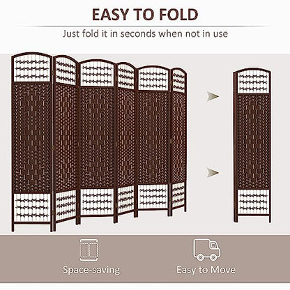 HOMCOM 6 Panel Room Divider, Folding Privacy Screen, 5.6', Brown | Room Separator, Wave Fiber Freestanding Partition Wall Divider - color: Brown, size: 6 Panel