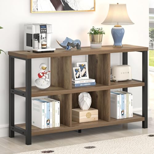 6 Cube Storage Organizer with Shelf, Industrial Horizontal Bookshelf, Low Cubby Bookcase for Living Room Bedroom, 47 Inch Oak - color: Oak