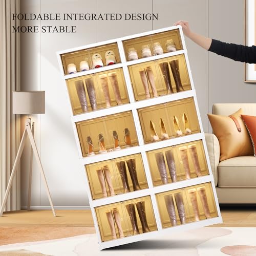 CIMLORD 5-Tier Foldable Shoe Rack Organizer for Boots, 20 Pairs, White | Collapsible Large Plastic Shoe Cabinet Storage, Fits Tall Boots, Stackable with Lids, Easy Assembly, for Closet & Entryway - size: 5 Tiers 20 Pairs