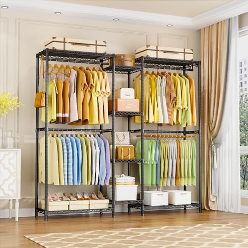 E4 Clothes Rack, Heavy-Duty Garment Rack Can Be L-Shaped Closet, Black | Metal Freestanding Clothing Organization Storage System with Shelves and Hangers, Load 962lbs - color: Black