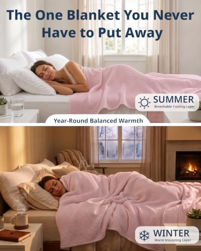 LANE LINEN 100% Cotton Blanket Queen Size - 300 GSM Waffle Blankets - Breathable, Lightweight & Durable - Premium Soft Blanket - Ideal for All Season Bedding & Sofa Throw - 90"x90" - Cherry Blossom - color: 02: Cherry Blossom, size: Queen