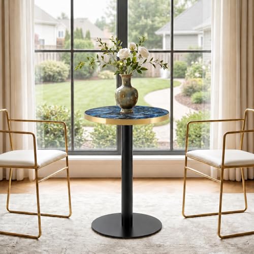 TesNus 23.6" Small Round Dining Table for 2, Circle Tulip Table, Faux Marble Top with Black Metal Pedestal Base, Modern Leisure Coffee Table for Small Spaces, Cafe, Office, Blue&Black - color: Blue Top&black Base