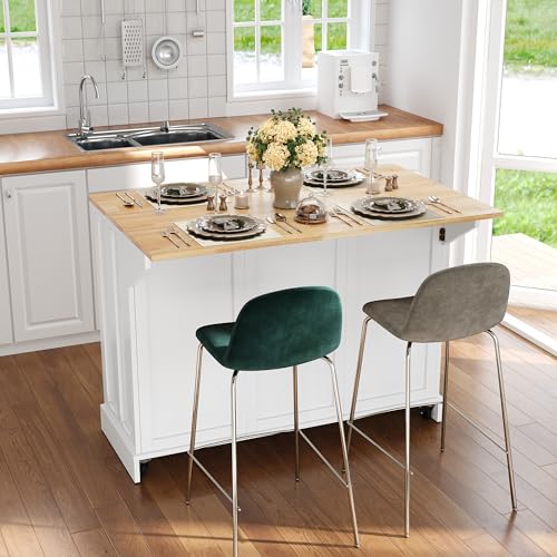 HLR Kitchen Island with Drop Leaf & Storage, Solid Rubber Wood Top Rolling Kitchen Cart with Carved Recessed Panel Doors, Large Mobile Island Table on Wheels for Kitchen, Dining Room (White) - color: White
