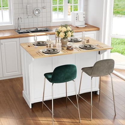 HLR Kitchen Island with Drop Leaf & Storage, Solid Rubber Wood Top Rolling Kitchen Cart with Carved Recessed Panel Doors, Large Mobile Island Table on Wheels for Kitchen, Dining Room (White) - color: White