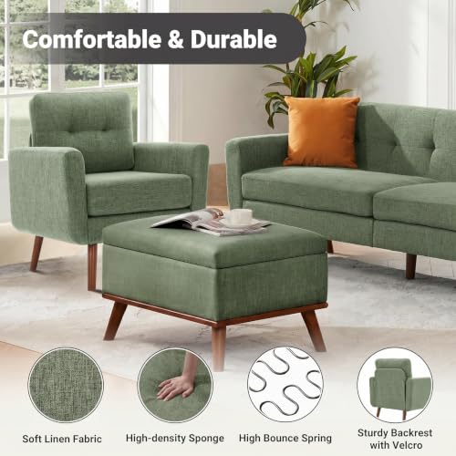 Tbfit Linen Fabric Single Sofa, Accent Chair, Mid Century Modern Armchair for Living Room, Bedroom Button Tufted Upholstered Comfy Reading Sofas, Green - color: Green, size: Single*2